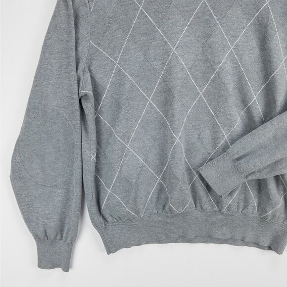 LINCS Silk Cashmere Sweater Men's XL Patch Elbows Crewneck Gray White Diamonds - Picture 5 of 11